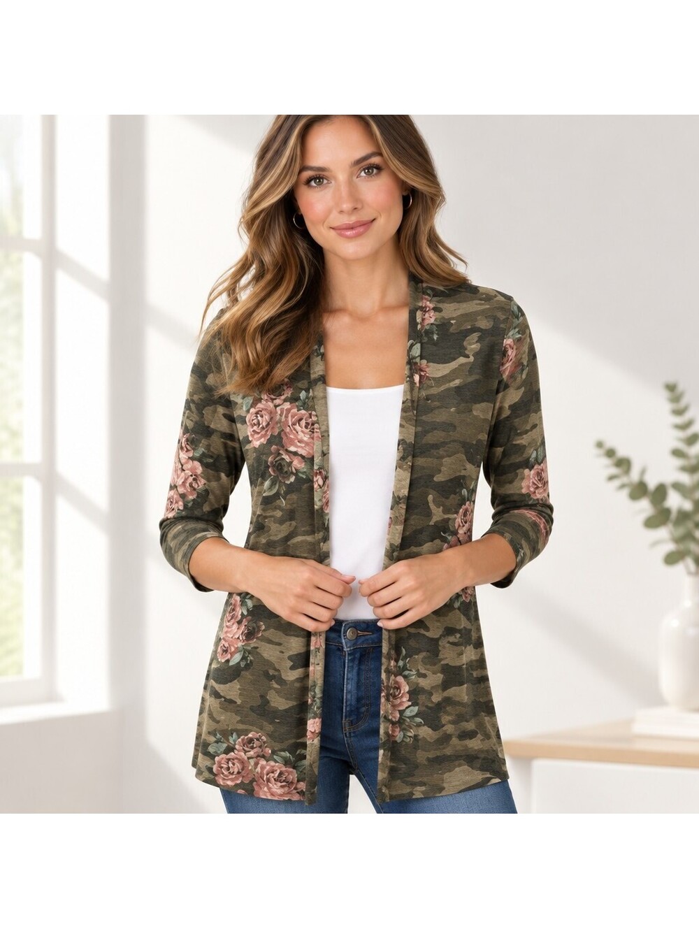 Camo Floral Open Front Duster Cardigan Sweater Small Goblincore Grunge 5129